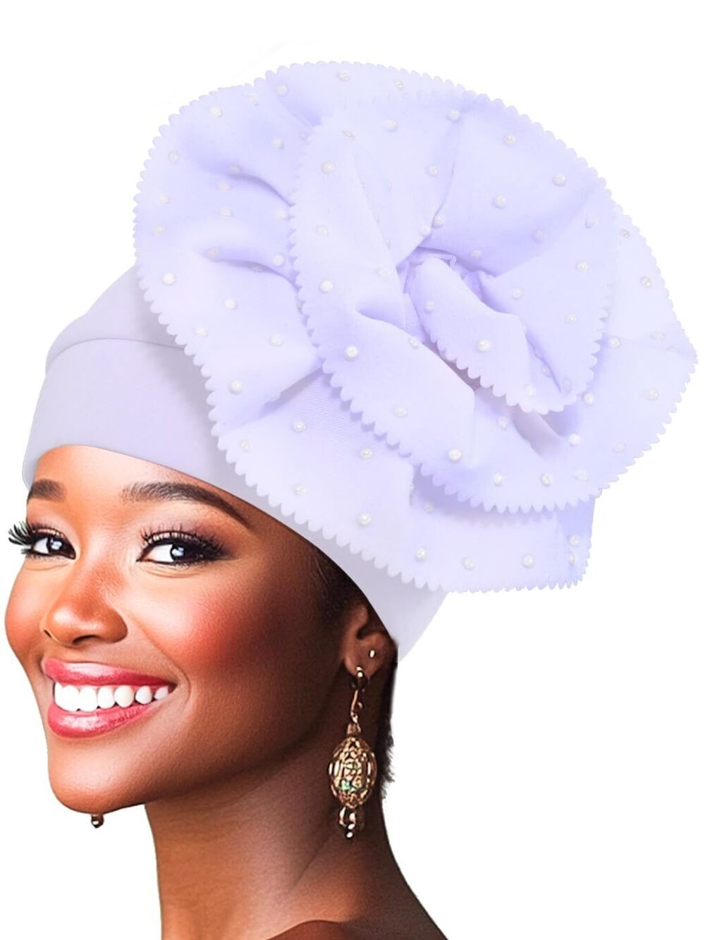 4190 African Turban Headwrap Flower Pre Tied Head Wrap Cap Pearl Beanie